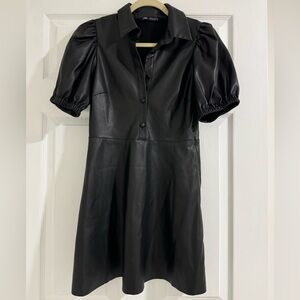 Elegant Black Leather Puff Sleeve Dress